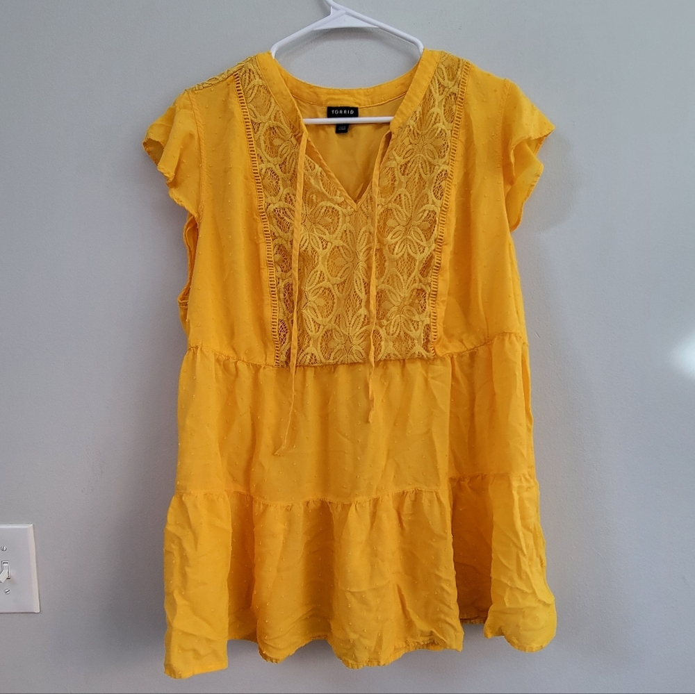 Torrid Babydoll Yellow Tiered Ruffle Sleeve Top Women's Size 3 Boho Hippie
